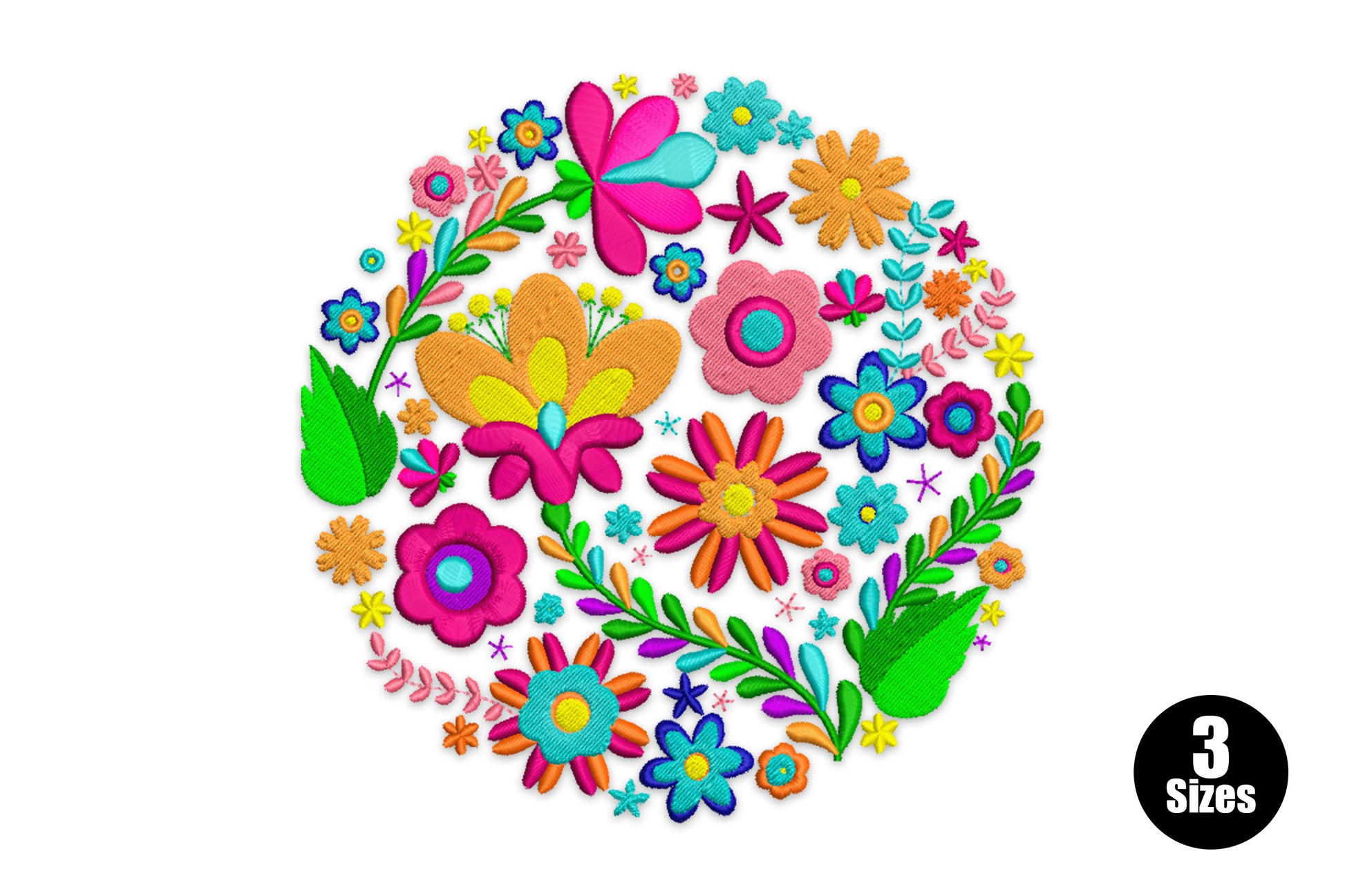 Colorful otomi floral circle embroidery design with folk art flowers, butterflies and leaves in hot pink, orange, turquoise, cobalt and green packed into a round arrangement.