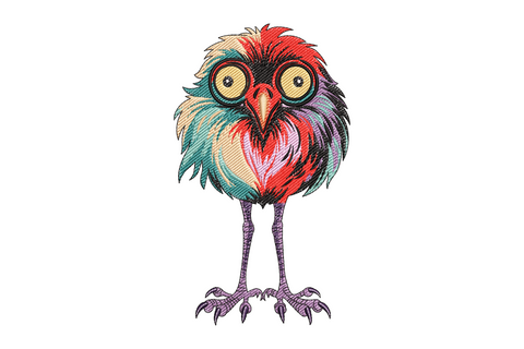 Colorful owl embroidery design perched front-facing, eleven vivid thread colours in bold graphic feather blocks, stained-glass illustrative style.