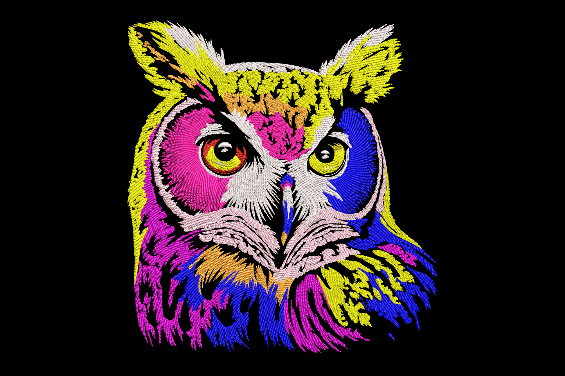 Machine embroidery design of a whimsical cartoon owl with scalloped feathers in teal, purple, orange, and mustard on white background.