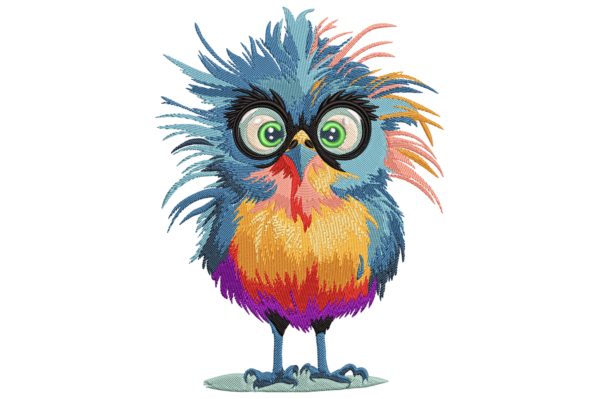 Colorful owl embroidery, scruffy young owl with bright blue feathers, orange belly and big round black-rimmed glasses