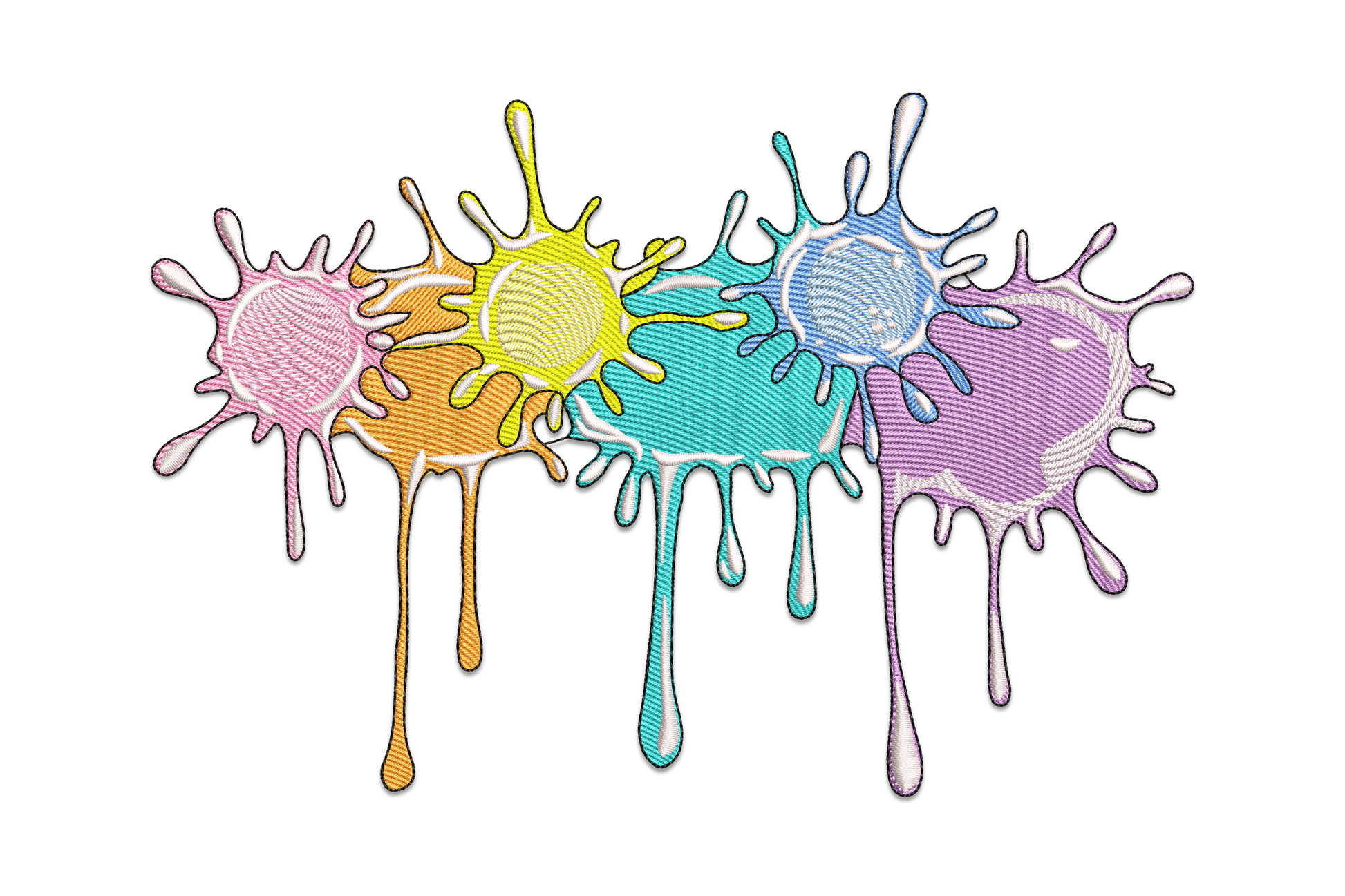 Colorful paint splash embroidery, abstract overlapping colour bursts and drips in 11 vivid colours including cobalt, red, yellow, lime and purple