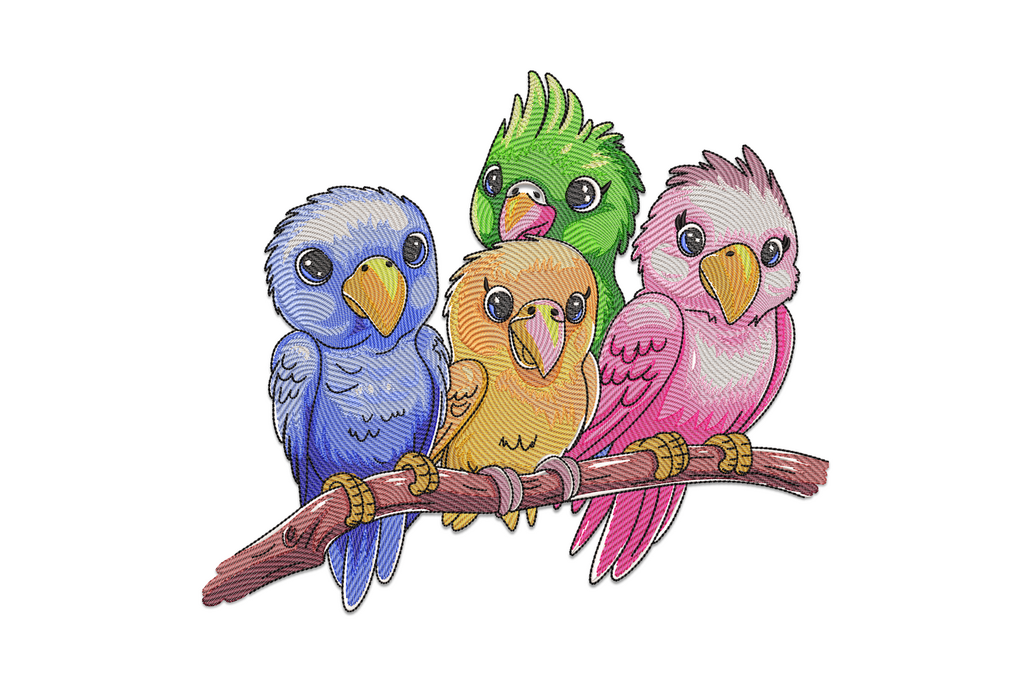 Four colorful cartoon parrots embroidery design perched on branch in blue orange green and pink on charcoal fabric