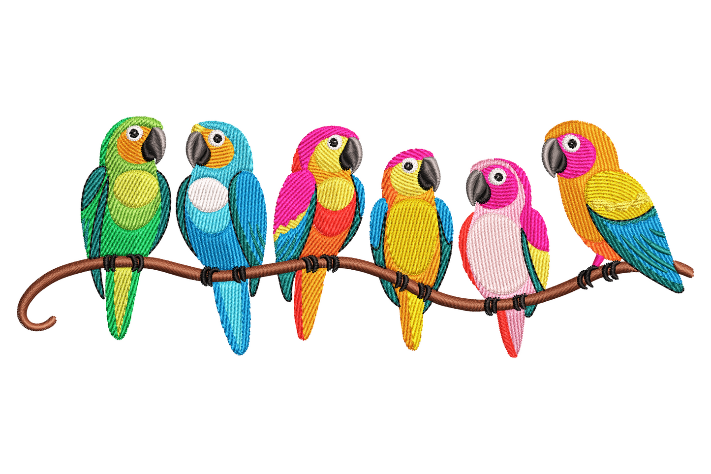 Six colorful parrots on branch embroidery, tropical bird row in lime, blue, pink, yellow and orange with grey beaks.