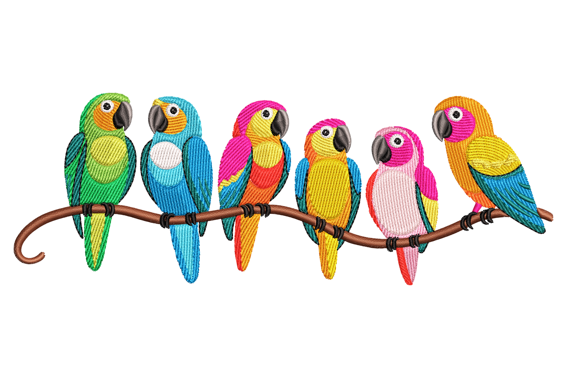 Six colorful parrots on branch embroidery, tropical bird row in lime, blue, pink, yellow and orange with grey beaks.