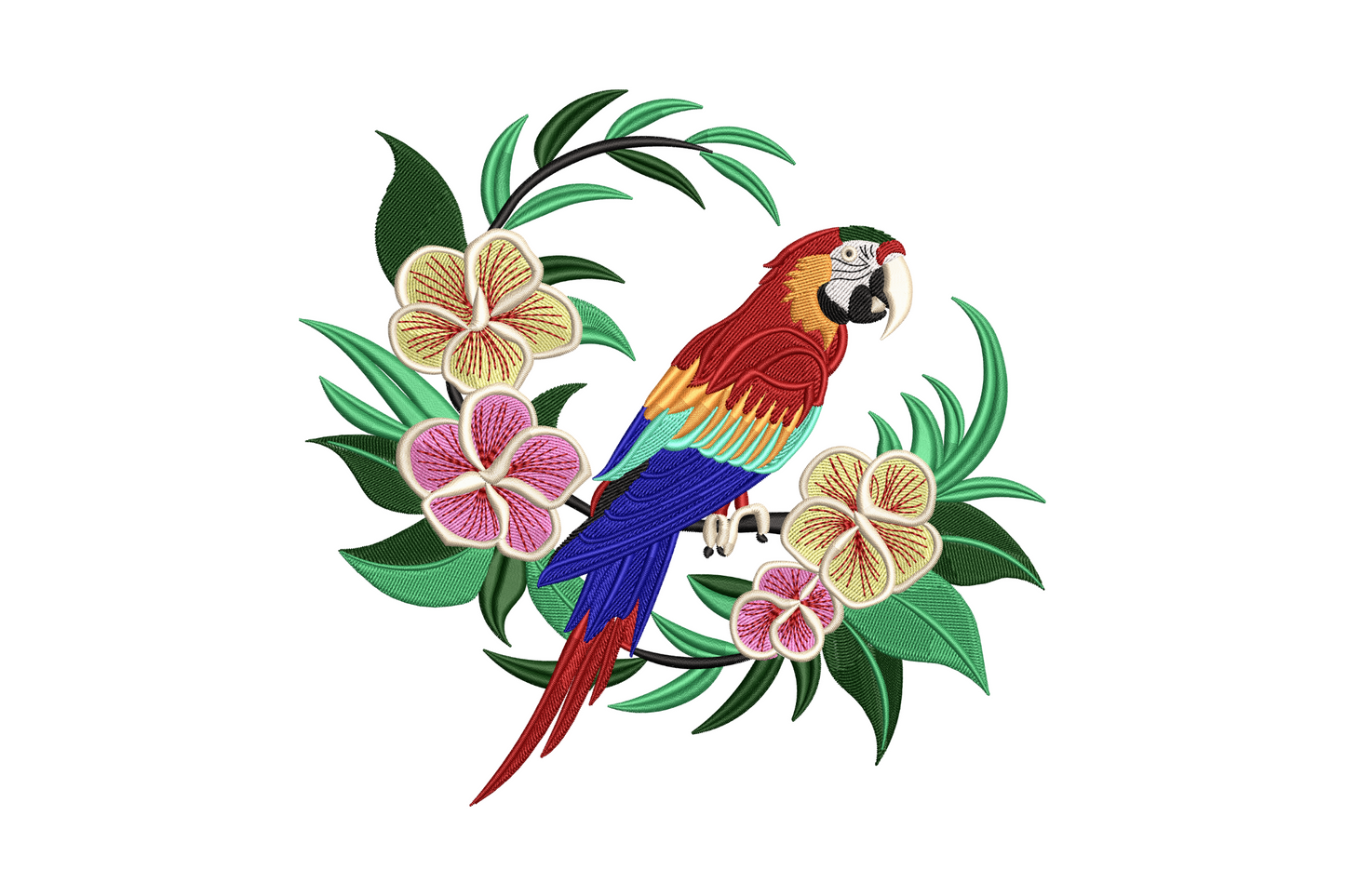 Colorful parrot embroidery design with scarlet macaw in red blue and yellow perched in tropical cream and pink flowers