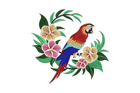 Colorful parrot embroidery design with scarlet macaw in red blue and yellow perched in tropical cream and pink flowers