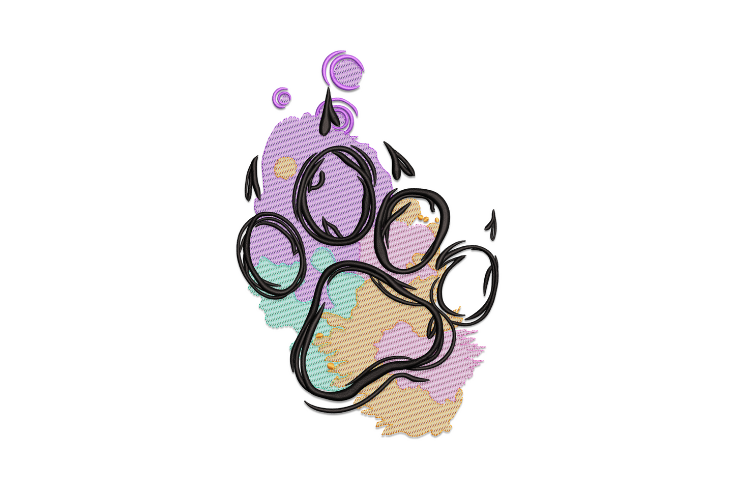 Colorful paw print embroidery design with overlapping lavender, pink, mint and orange fills and bold black claw outlines.