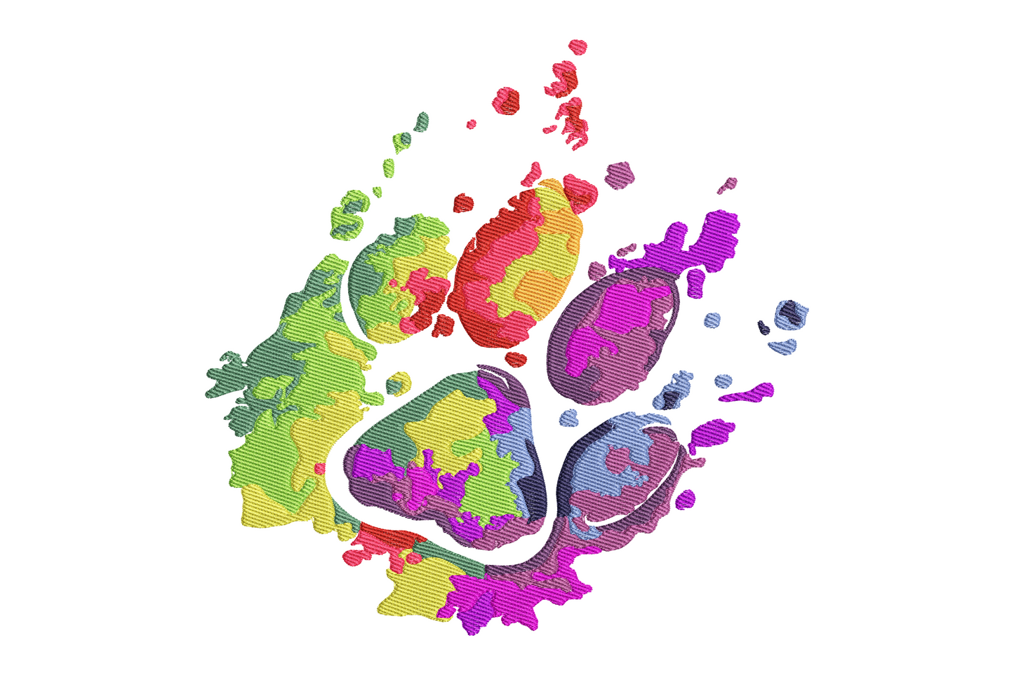 Colorful paw print embroidery design with twelve rainbow colours across five toe pads, clean satin outlines, bright pet lover style on white background.
