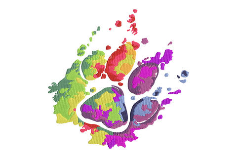 Colorful paw print embroidery design with twelve rainbow colours across five toe pads, clean satin outlines, bright pet lover style on white background.