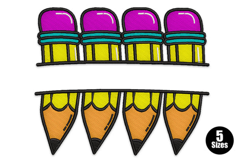 Colorful pencil border embroidery design with four pencils eraser-up and four pencil tips-down in bright orange, yellow, teal and pink.