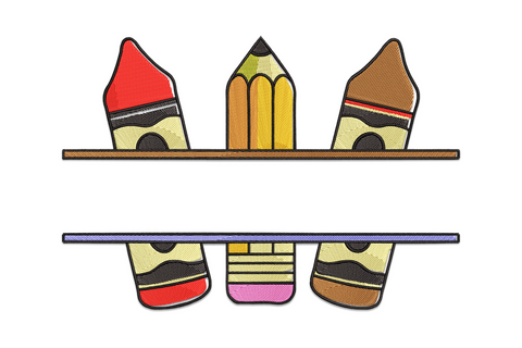 Colorful pencil trio embroidery design, 3 cartoon pencils with faces in a holder, 10 thread colours red green orange brown and pink, on white background.