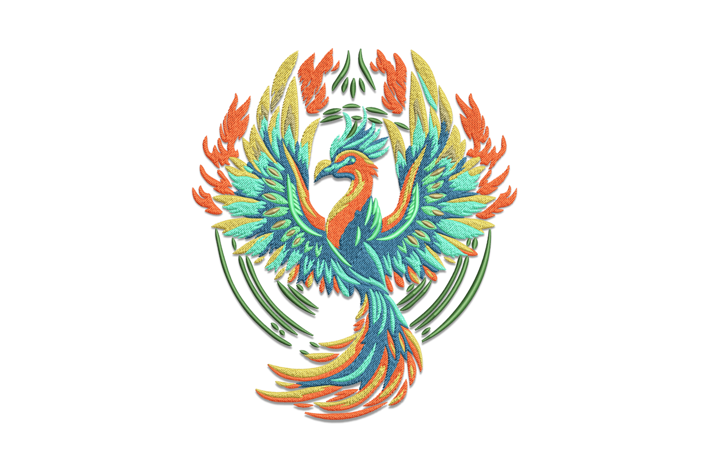 Colorful phoenix bird embroidery design with orange, teal, gold and turquoise wings spread wide in mythical rising pose