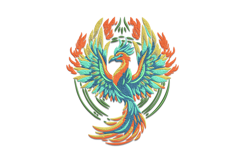 Colorful phoenix bird embroidery design with orange, teal, gold and turquoise wings spread wide in mythical rising pose