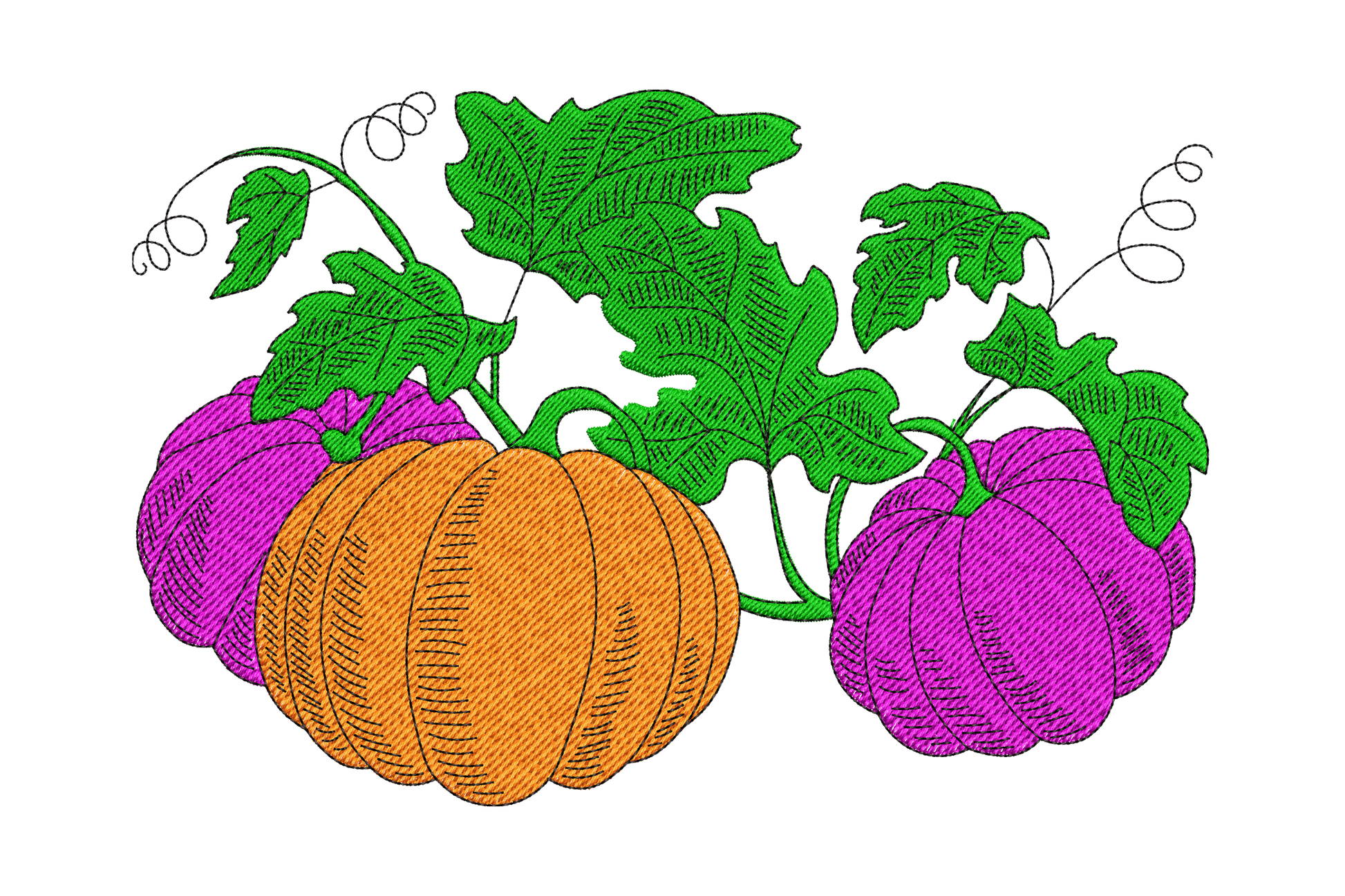 Three pumpkins embroidery design with orange centre and magenta-purple flanking pumpkins on a vine with dark green leaves.
