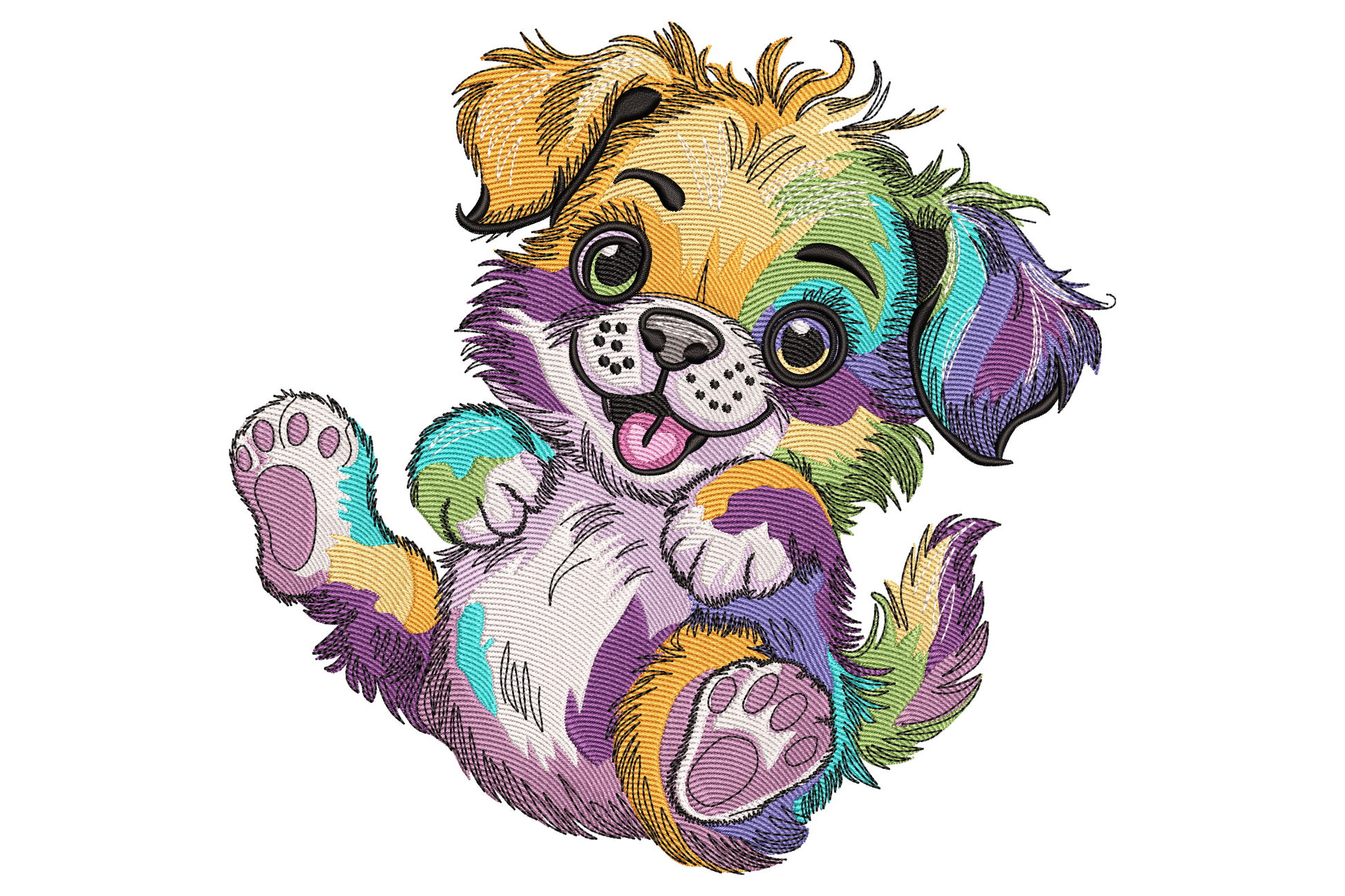 Colorful cartoon puppy embroidery, orange tan head, lavender back, teal mint paws, magenta cheeks, tongue out, playful pose