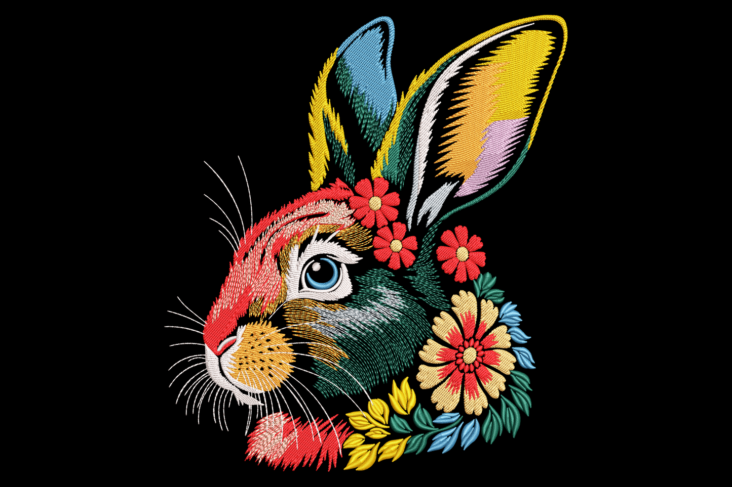 Colorful rabbit head embroidery with multi-panel ears in teal and gold, folk-art red daisy flowers along the jaw and a single blue eye.