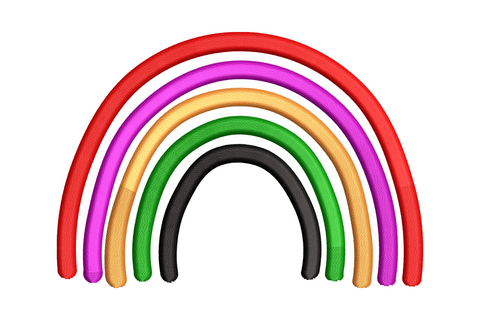 Colourful rainbow arch embroidery with five nested bands in scarlet, magenta, orange, dark green and jet black.