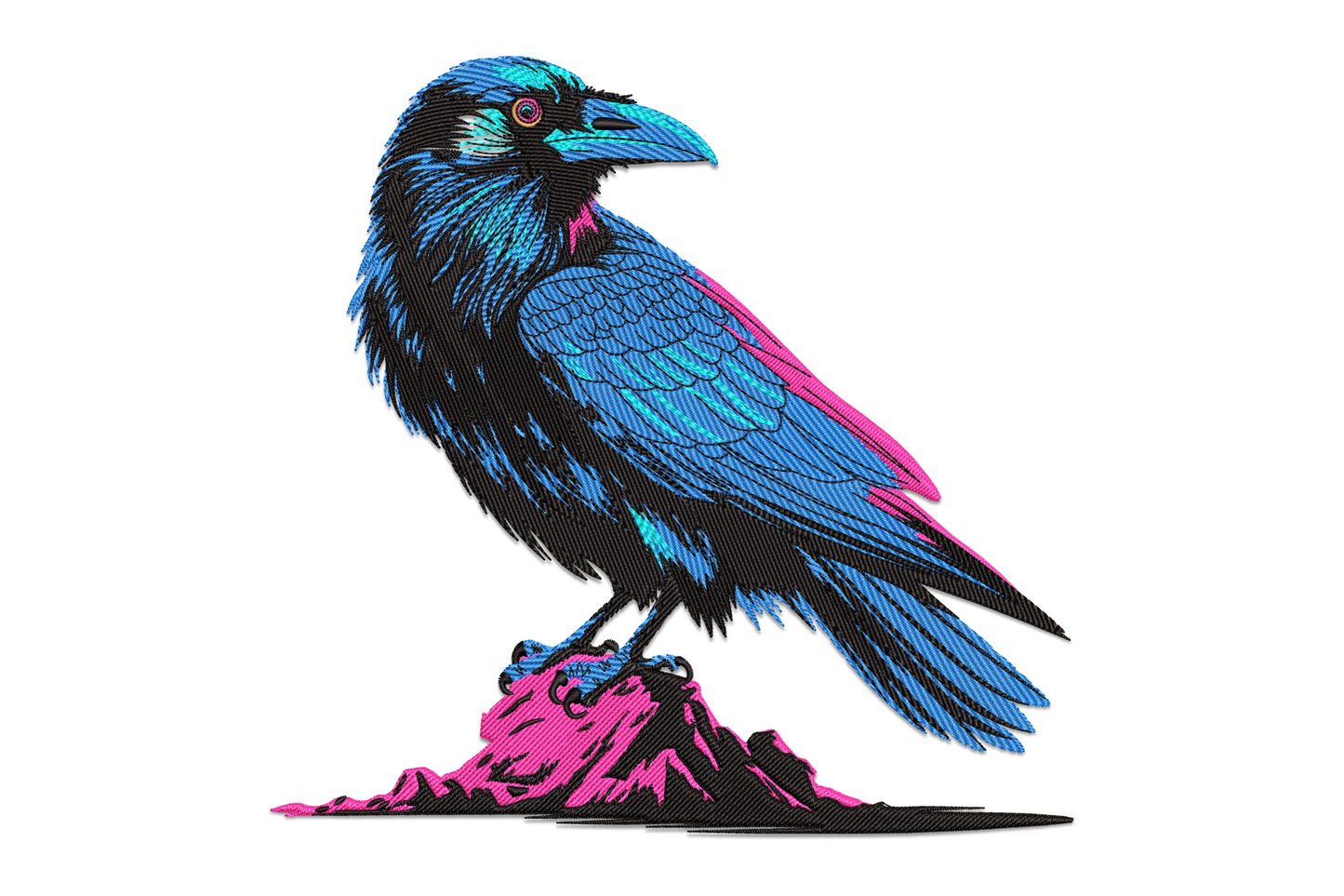 Raven embroidery perched on hot pink rocks with cyan-blue wing feathers and neon pink slash marks on black body, machine embroidery design on white background