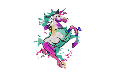 Colorful rearing unicorn machine embroidery design with rainbow mane in pink lavender blue and gold horn on white body