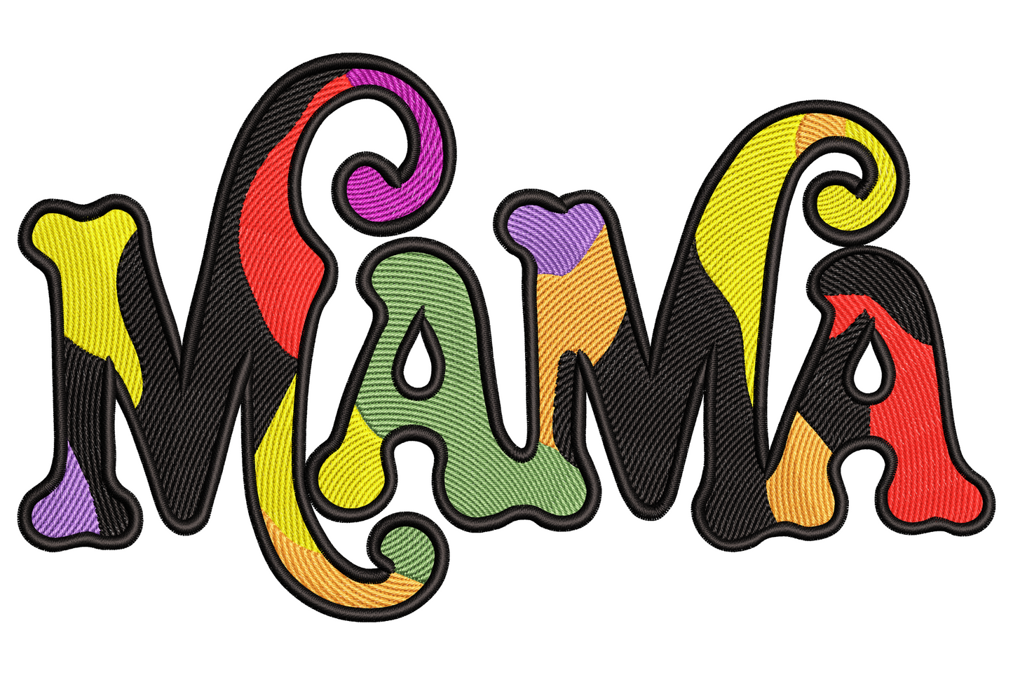 Colorful retro MAMA embroidery design in a 1970s groovy font with each letter filled in multicolour psychedelic sections of red, orange, yellow, green and purple inside a thick black outline border.