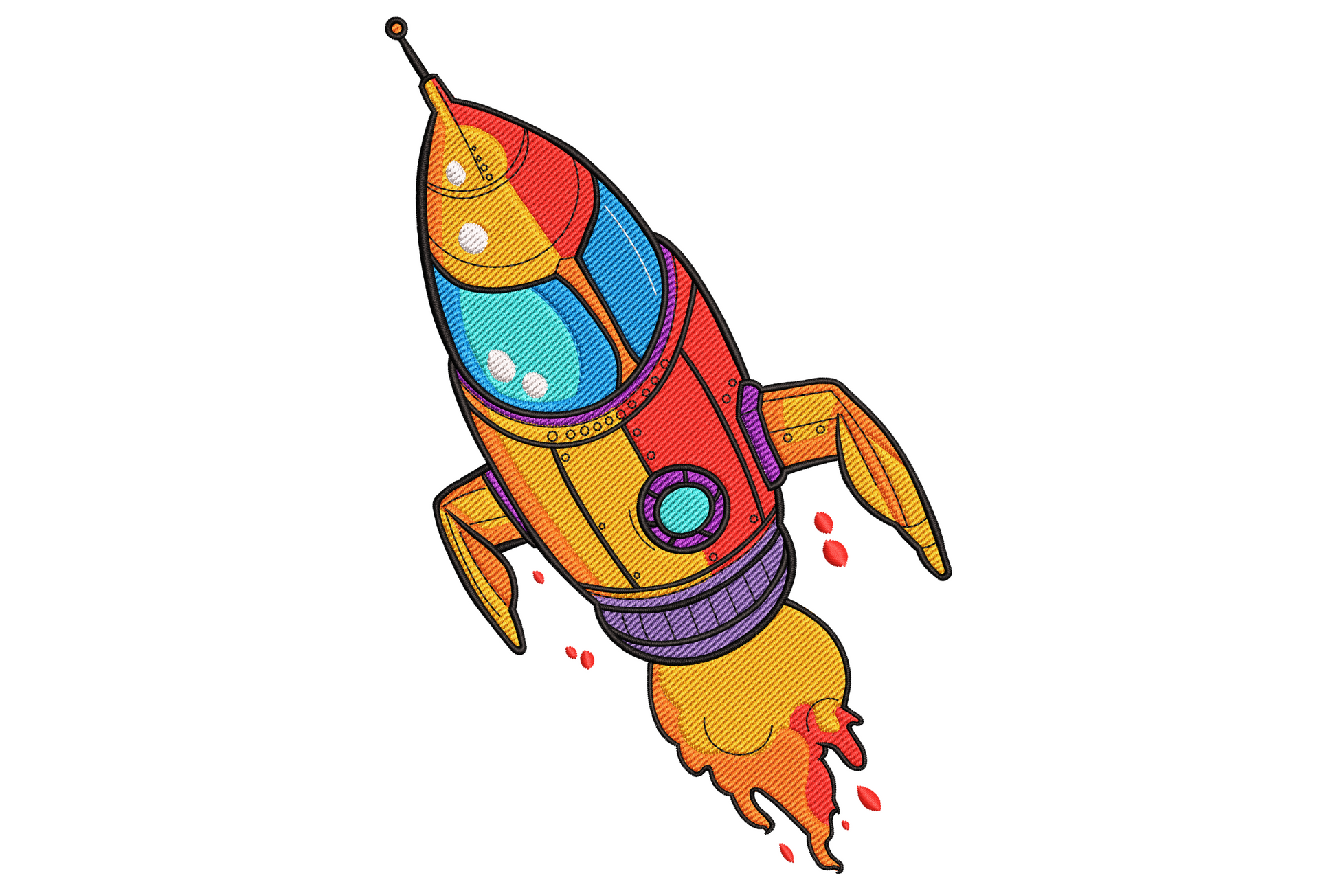 Colorful rocket ship embroidery design with red nose, blue fins, yellow body, and orange flame tails blasting upward.