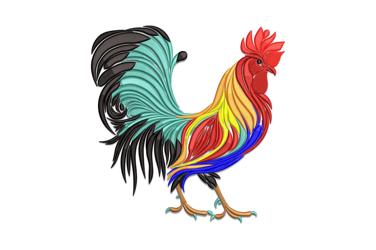Colorful rooster embroidery design with teal, black, red and orange satin feathers in realistic farm bird style