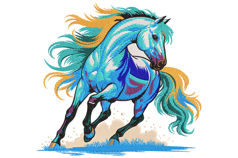 Colorful running horse embroidery design, teal body with golden amber mane flowing back, 11 colours, fantasy palette, 9 sizes.