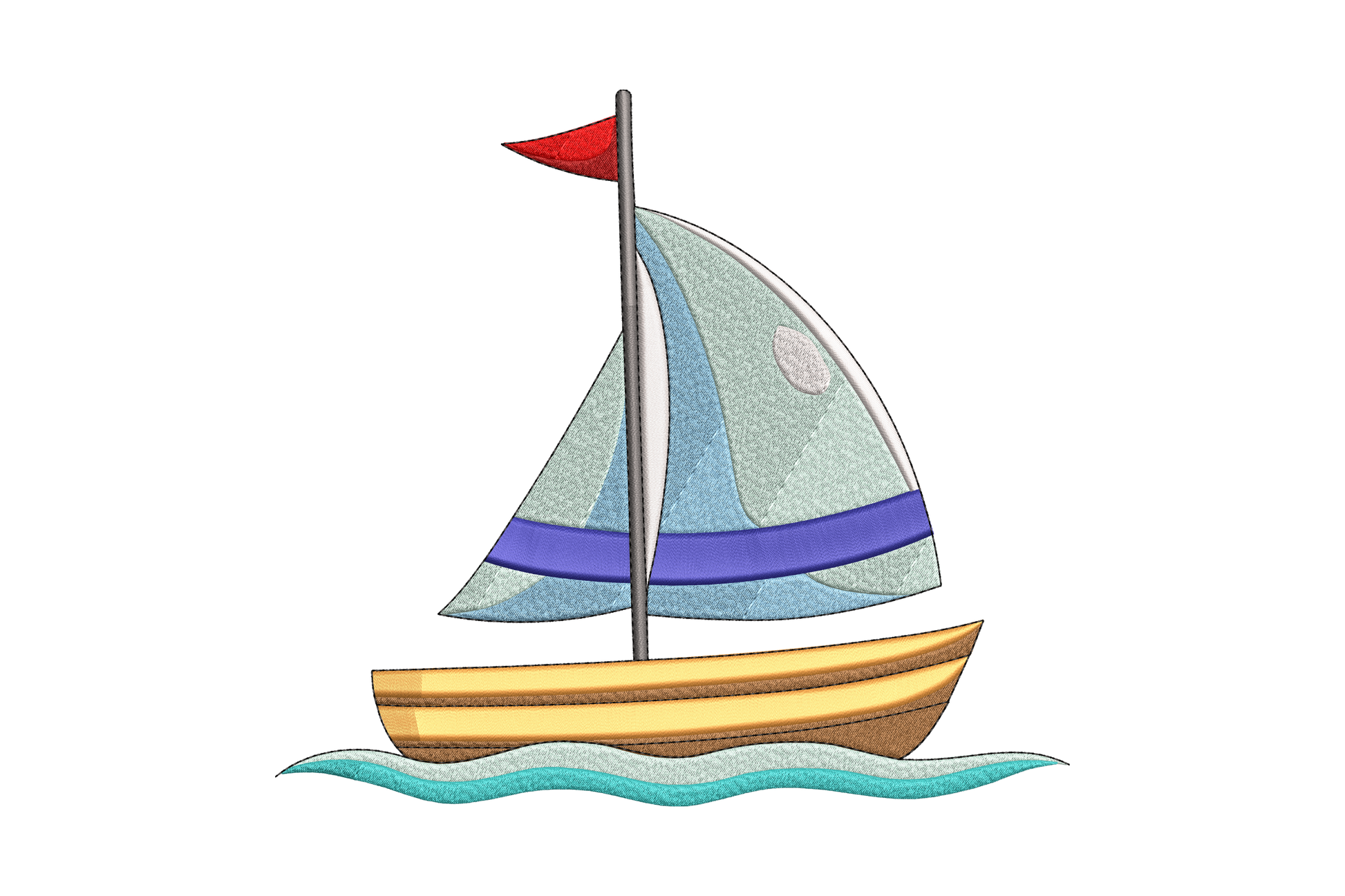 Colorful sailboat embroidery design, blue sails, yellow hull, teal waves, 11 colours, 5 sizes up to 6.8 by 7.5 inches, kids nursery
