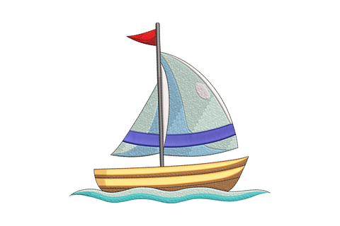 Colorful sailboat embroidery design, blue sails, yellow hull, teal waves, 11 colours, 5 sizes up to 6.8 by 7.5 inches, kids nursery