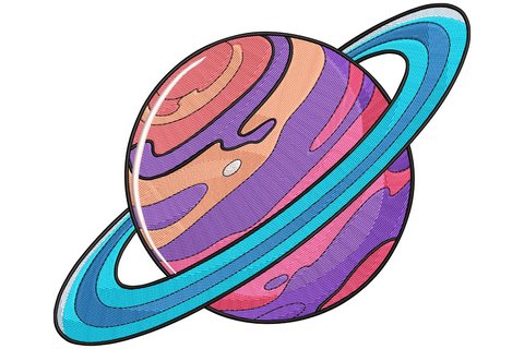 Colorful Saturn embroidery design with vivid purple, coral, orange and hot pink planet bands and bright cyan rings.
