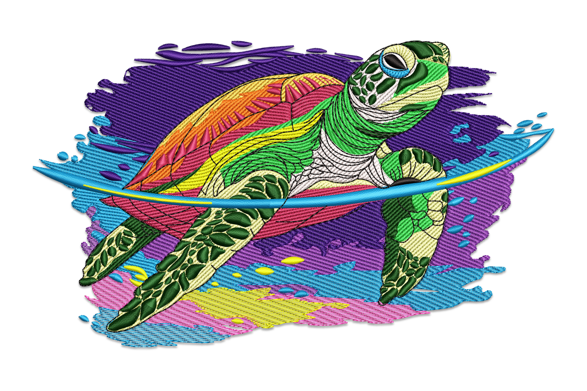 Colorful sea turtle machine embroidery design viewed from above, mosaic shell pattern in 13 colours with spread flippers on white fabric