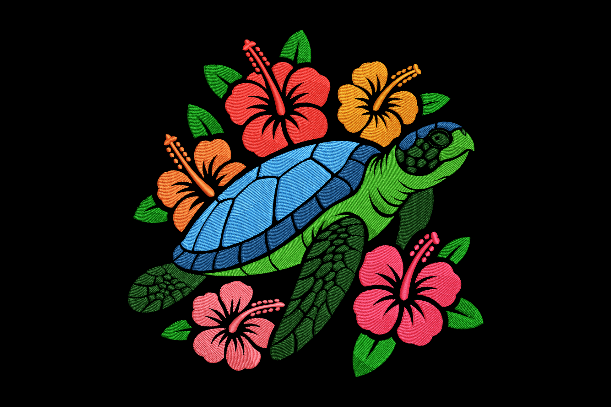 Colorful turtle design with flowers on a black background