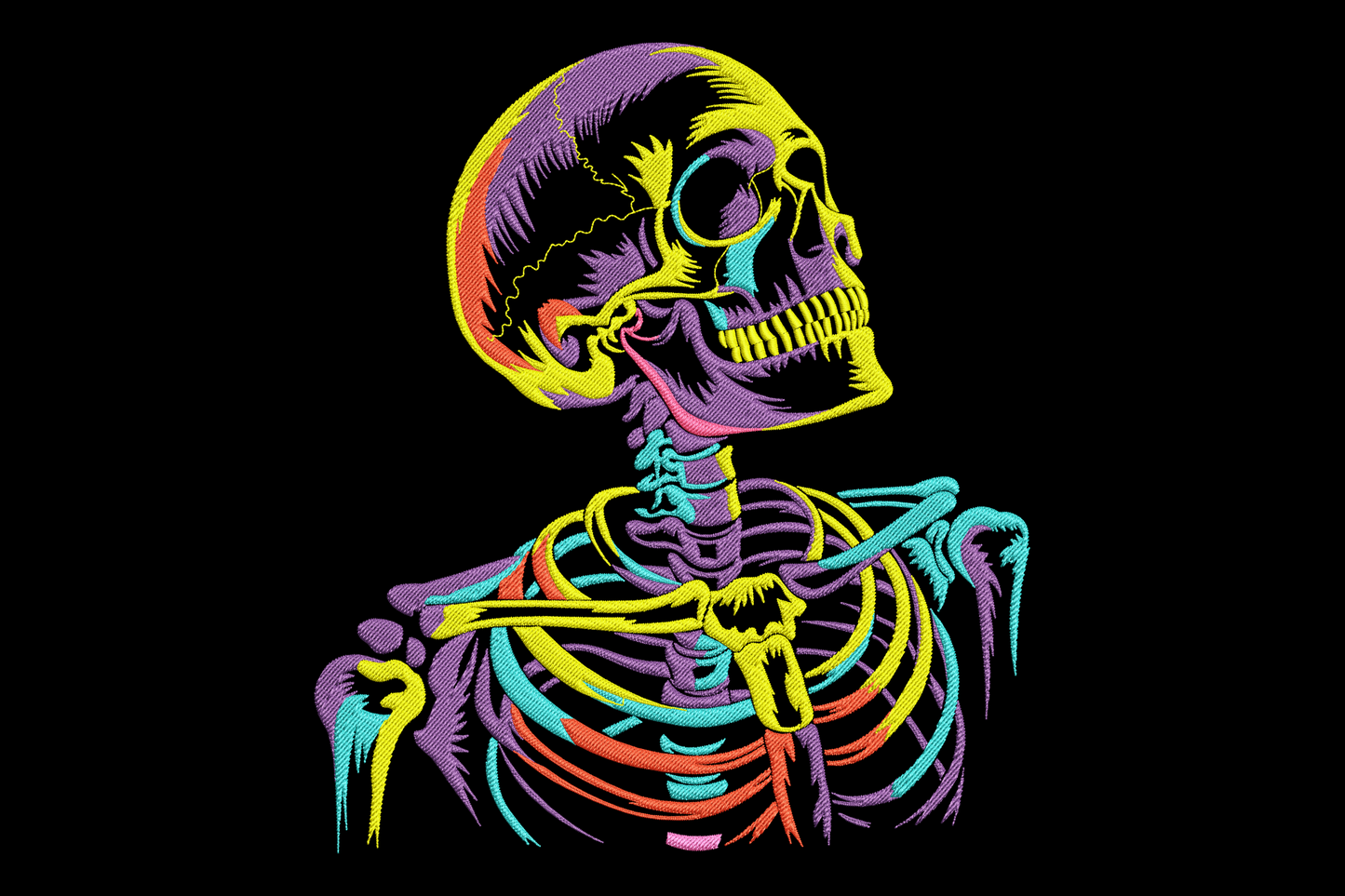 Side profile view of human skeleton from skull through ribcage in vivid neon purple aqua red yellow pink, vintage anatomy diagram style halloween embroidery