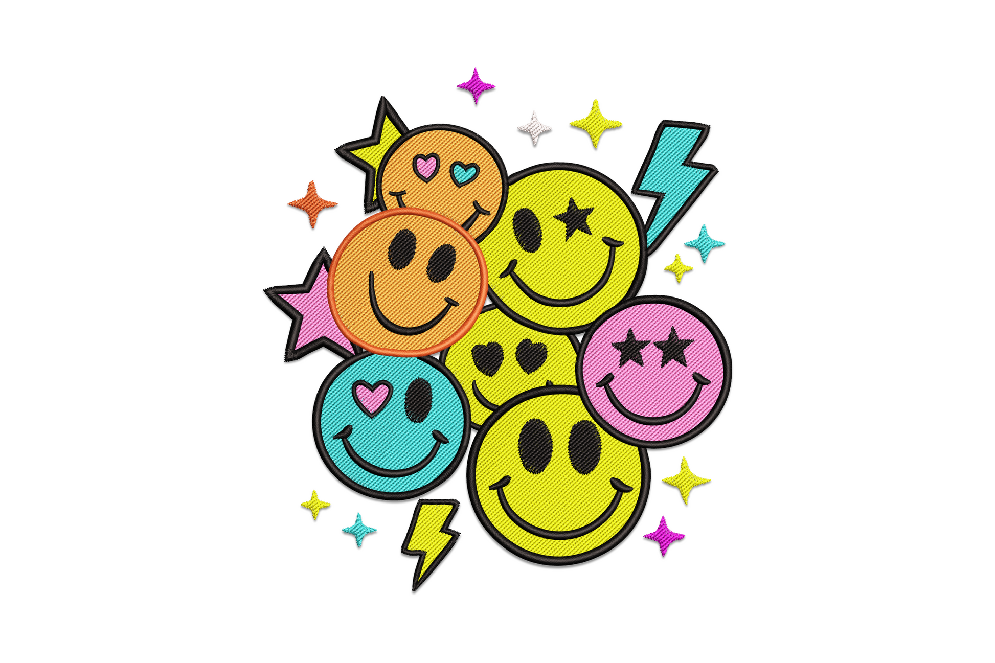 Colorful smiley faces machine embroidery design, 11 colours, retro 90s style cluster of bright face circles, fashion youth theme