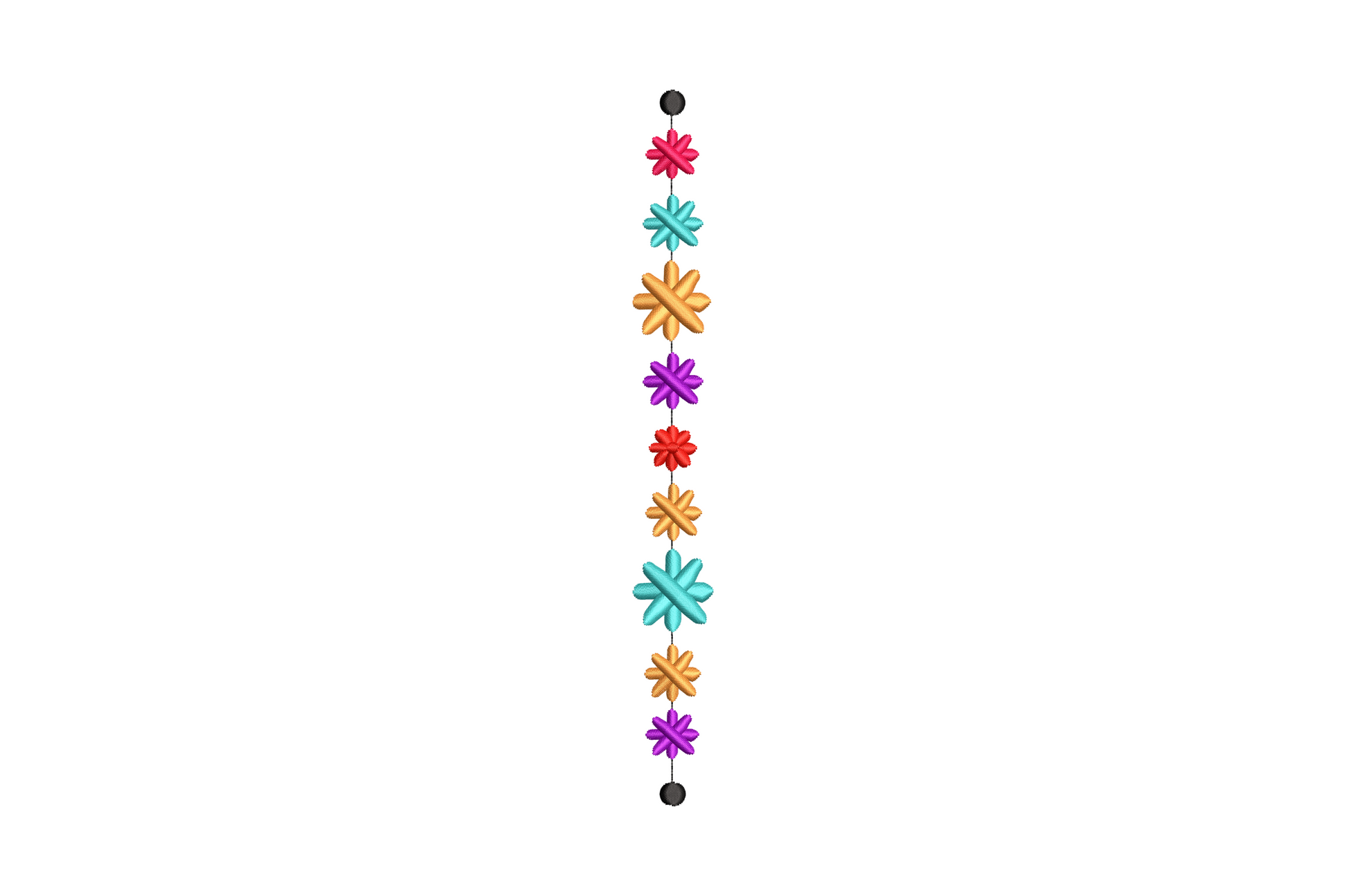 Colorful snowflake vertical border embroidery in icy blue, teal and lavender, six evenly spaced crystal snowflakes in a row.