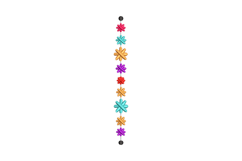 Colorful snowflake vertical border embroidery in icy blue, teal and lavender, six evenly spaced crystal snowflakes in a row.