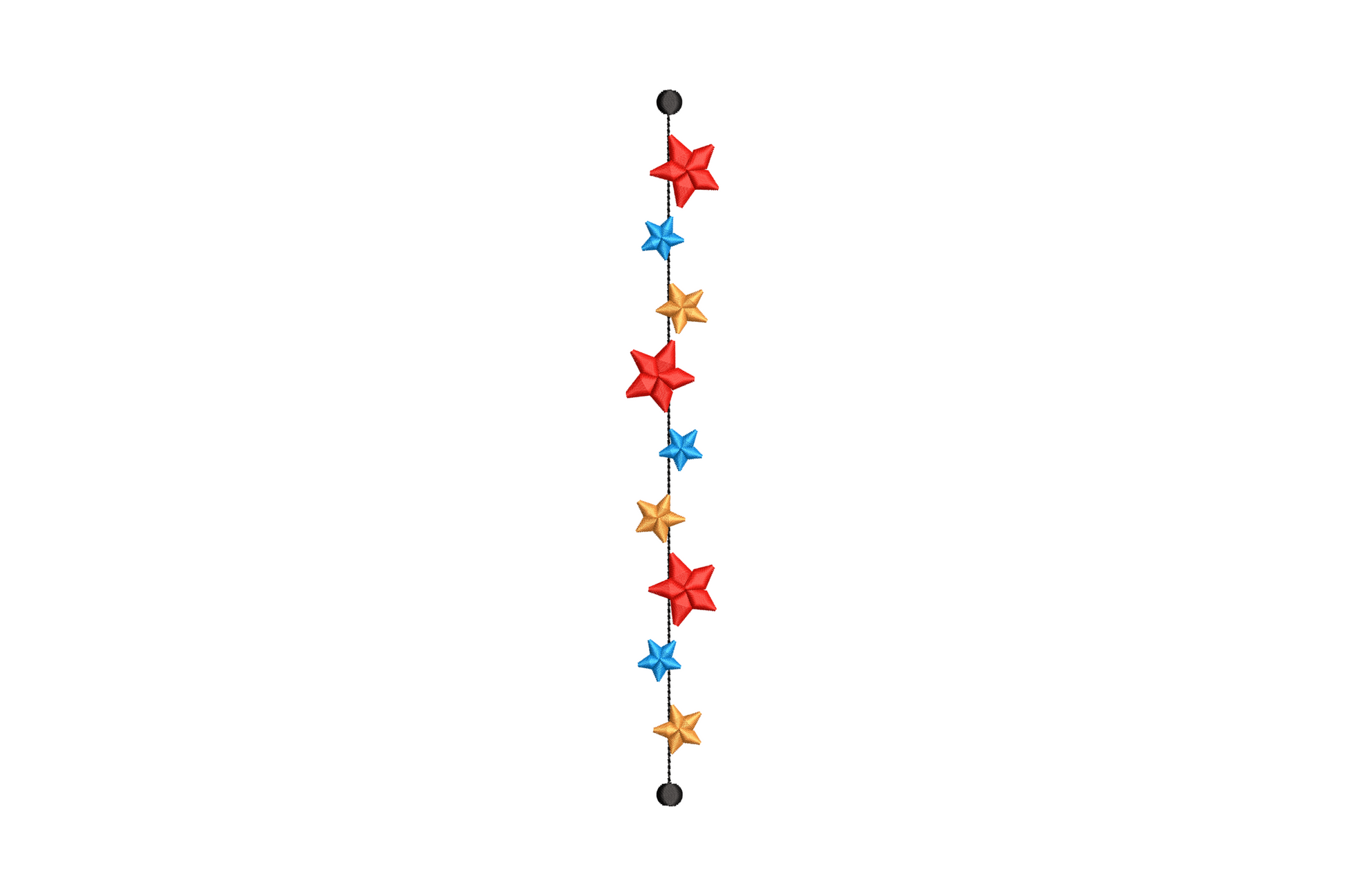 Colorful star vertical border embroidery, alternating red, gold, navy and cream five-point stars in a row.