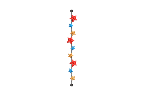 Colorful star vertical border embroidery, alternating red, gold, navy and cream five-point stars in a row.