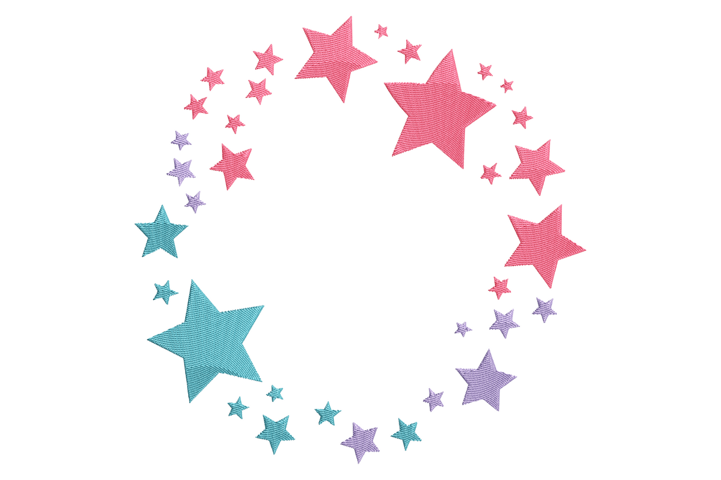 Colorful star wreath embroidery design with a circular ring of 6-pointed stars in six thread colours including scarlet cobalt blue emerald yellow magenta and tangerine