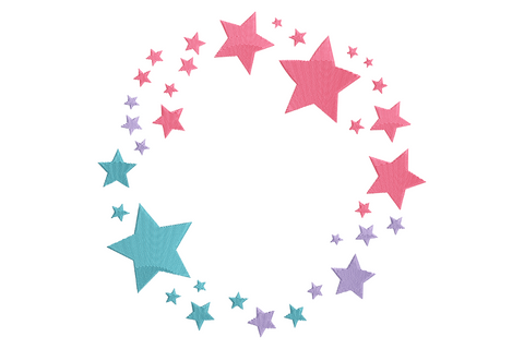 Colorful star wreath embroidery design with a circular ring of 6-pointed stars in six thread colours including scarlet cobalt blue emerald yellow magenta and tangerine