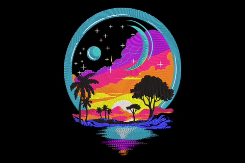 Neon sunset embroidery in a circular teal border with palm silhouettes, crescent moon and magenta sky over blue water on black.