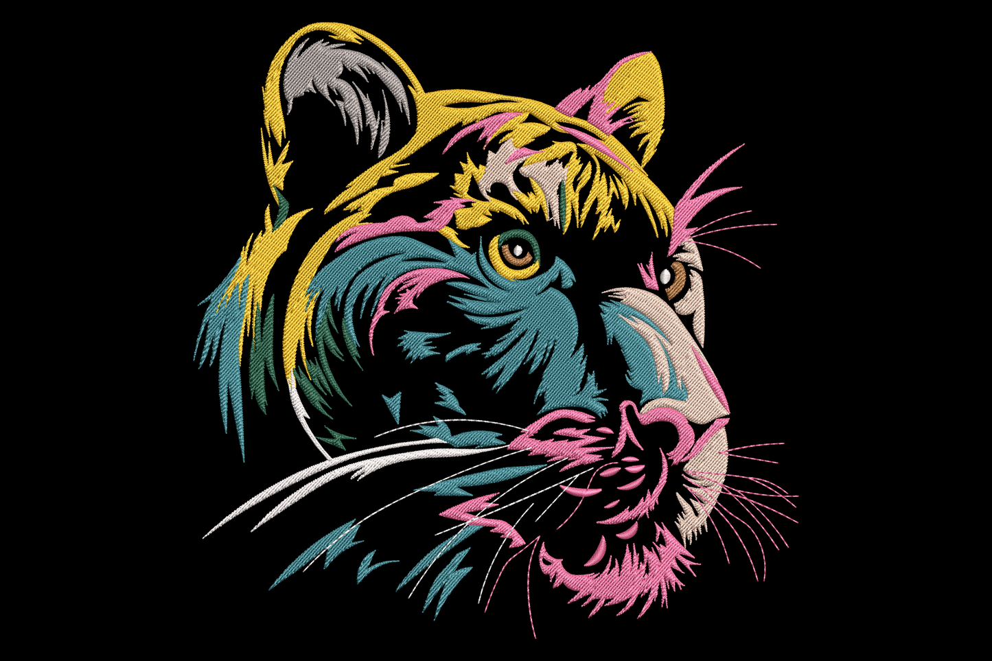 Colorful tiger head embroidery design, bold orange and black striping with directional fur stitching, 8 thread colours