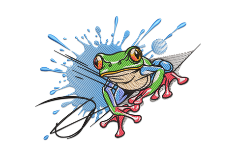 Colorful graffiti-style tree frog embroidery design with bold black outlines and bright 9-colour fills in street art mural style