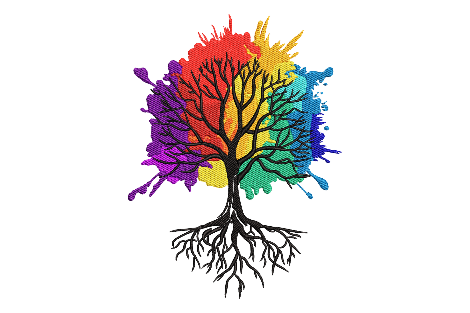 Colorful tree of life embroidery with bare black branches and rainbow watercolor splash canopy in purple, red, orange, gold and teal.