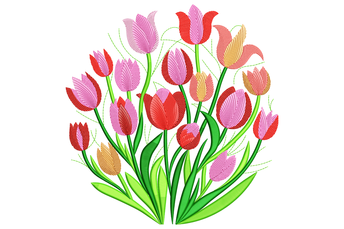 Colorful tulip bouquet embroidery with hot pink, crimson red and golden orange blooms on green stems in a round arrangement.