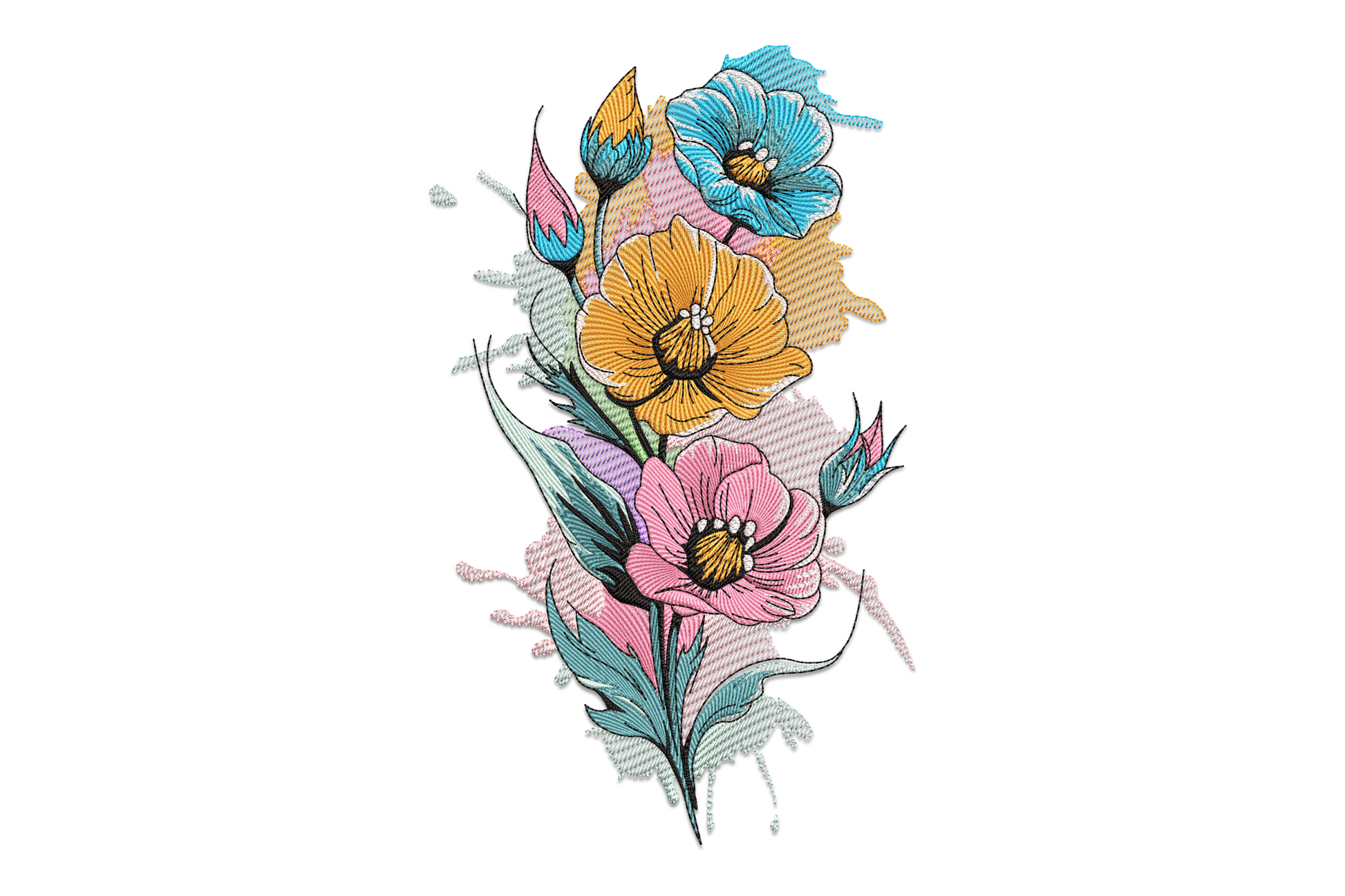 Colorful wildflower cluster embroidery with daisies, round blooms and small buds in yellow, purple, coral and green, machine embroidery design on white background