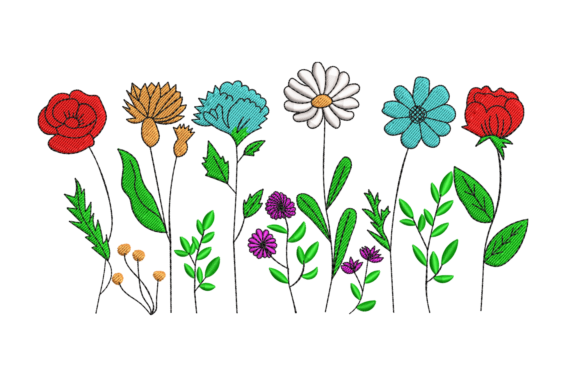Colorful wildflower garden border embroidery, meadow strip with red poppy, daisy, cornflower, 7 colors, 4 sizes