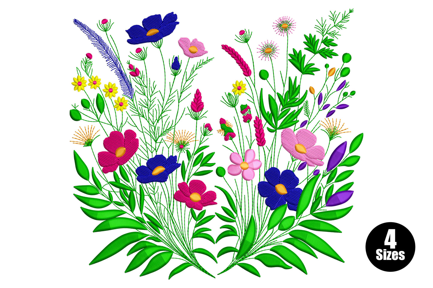 Colorful wildflower heart embroidery design with pink cosmos, dark blue and yellow blooms, 10 colours, 23301 to 37713 stitches