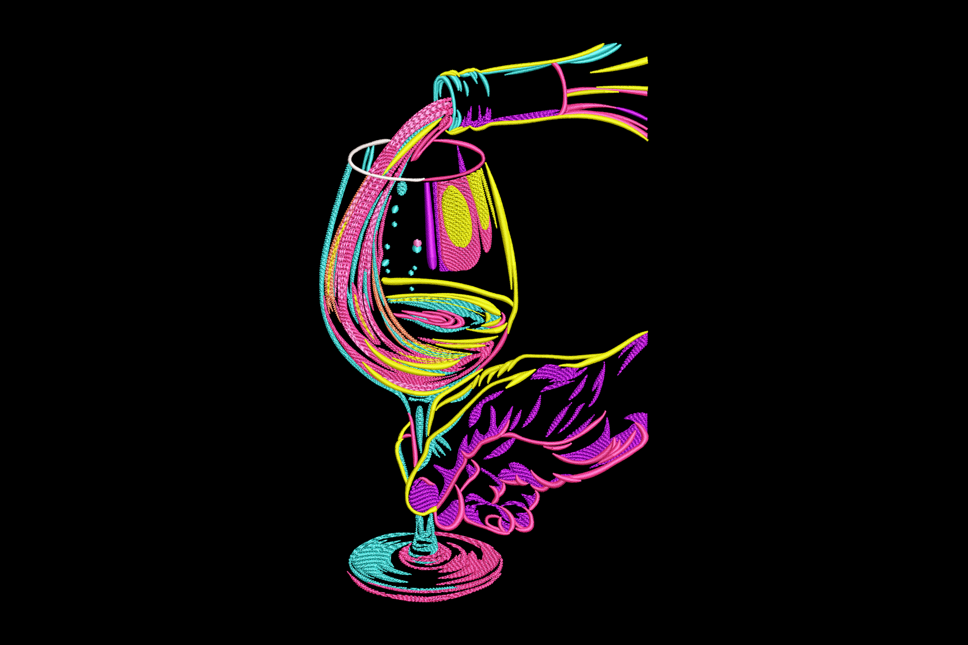 Colorful wine glass embroidery with floral spill, 7 vibrant thread colours including purple, aqua, and hot pink, flowers cascading from the glass rim.