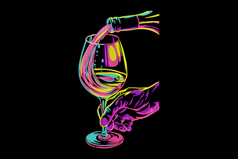 Colorful wine glass embroidery with floral spill, 7 vibrant thread colours including purple, aqua, and hot pink, flowers cascading from the glass rim.